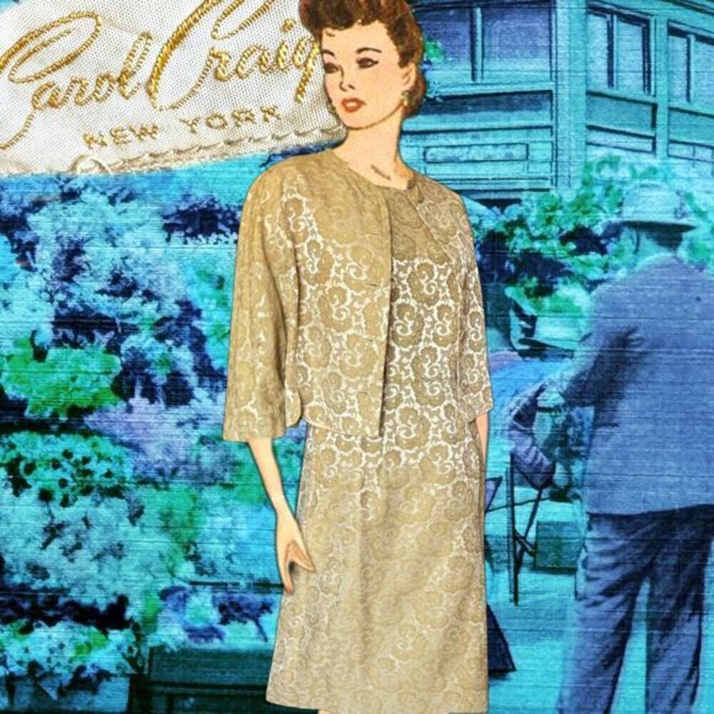1950s Carol Craig Brocade Cocktail Dress Jacket Set Gold Sheath Formal Vintage